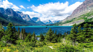 Lake mountains trees boat water 2 - erin hanson free wallpaper