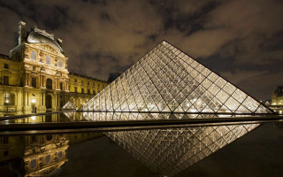 Glass pyramid night reflection water - cubist free wallpaper