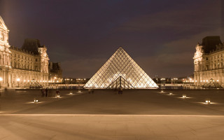Pyramid courtyard night lights people - cubist free wallpaper