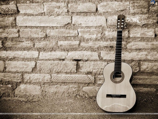 Guitar brick wall black white - beautiful composition free wallpaper