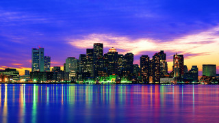 City skyline night purple sky 14 - a purple sky and water free wallpaper