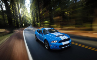 Blue car driving road forest 6 - a blue car free wallpaper