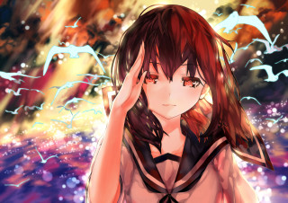 Red haired girl water birds - her hand behind her head free wallpaper