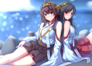 Anime girls rock water back2back - half body free wallpaper