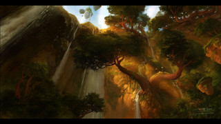 Waterfall forest trees rocks painting - fantasy art free wallpaper