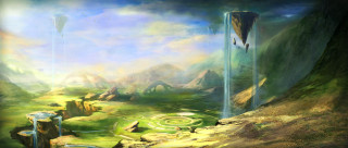 Waterfall green landscape blue sky - a green landscape free wallpaper