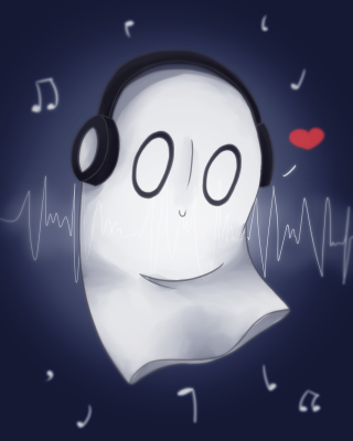 Cartoon ghost headphones music notes - spooky free wallpaper