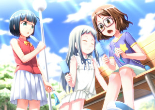 Three girls bench sky clouds - three girl free wallpaper