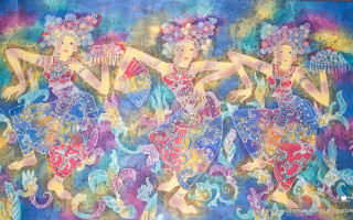 Women colorful clothing flowers heads - three woman free wallpaper
