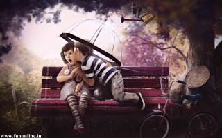 Woman bench umbrella man bike - digital painting free wallpaper