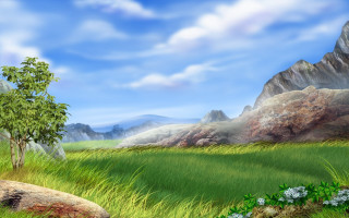Grassy field tree mountains clouds - a tree and mountains free wallpaper
