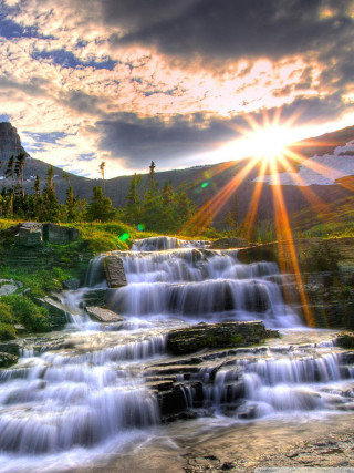 Waterfall sun mountain house hill 2 - beautiful scenery free wallpaper