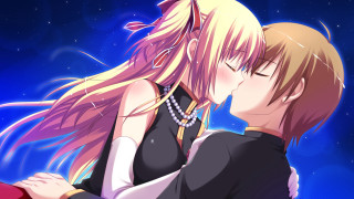 Anime couple kissing blue sky - behind them free wallpaper