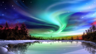 Aurora borealis frozen pond woods - mystical free wallpaper