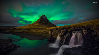 Waterfall green aurora light mountain - a waterfall free wallpaper
