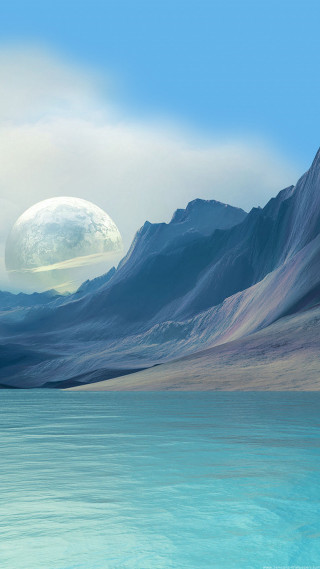 Large white object lake mountains - matte painting free wallpaper