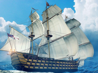 Large sailing ship ocean flags - digital painting free wallpaper