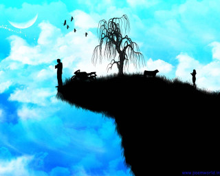 Cliff tree man hill dog - fantasy art free wallpaper