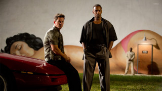 Two men red car mural - transgressive free wallpaper