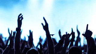 Concert crowd hands up blue - blue sky in the background free wallpaper