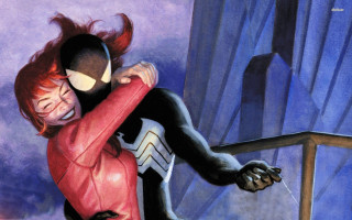 Woman hugging spiderman redjacket blackmask - a spider man free wallpaper