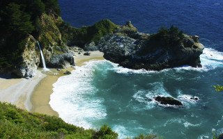 Beach waterfall shore trees lake - allan brooks free wallpaper