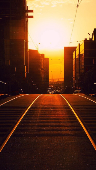 Train track city sunset buildings - dawn free wallpaper