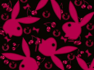Pink rabbits cherries black background - a silk screen free wallpaper