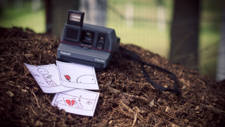 Polaroid camera wood chips paper - wood free wallpaper