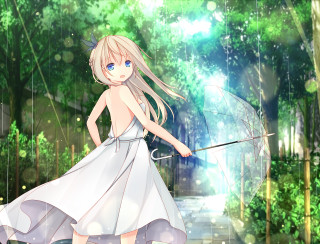 Girl white dress umbrella rain - the background and a path free wallpaper