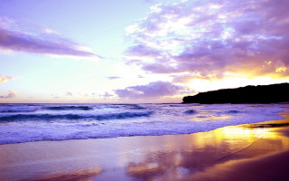 Beach waves sunset clouds hill - impressionist free wallpaper