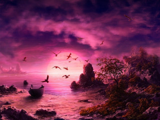 Boat water birds castle purple - a painting of a boat free wallpaper