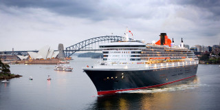 Cruise ship sailing water bridge - international typographic style free wallpaper
