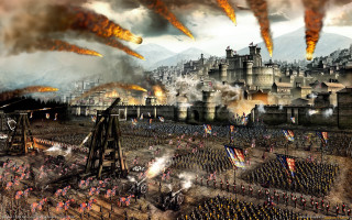 Battle scene castle flames people - a painting of a battle free wallpaper