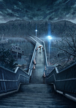 People walking stairway rain umbrellas - free anime wallpaper