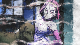 Woman pink hair dog caged - a blue door free wallpaper