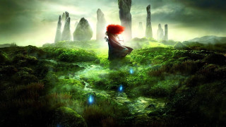 Red haired woman fantasy field - mossy free wallpaper