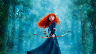 Red haired girl forest bow - blue sky in the background free wallpaper