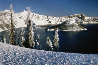 Snowy mountain lake trees blue 2 - regionalism free wallpaper