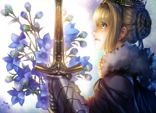 Woman sword flowers sky background - official art free wallpaper for desktop