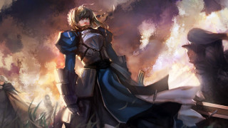 Woman blue dress grass sword - her hand and a man free wallpaper