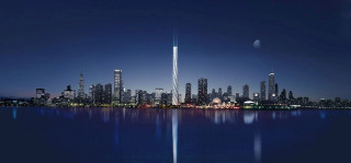 City skyline skyscraper night moon - a moon in the sky above free wallpaper