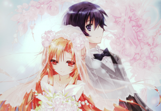 Anime couple pink background flowers - eden box free wallpaper