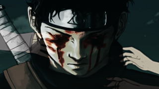 Bloody man holding knives face - his hand and a knife free wallpaper
