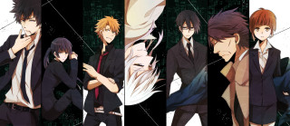 Anime characters group black background 9 - white line free wallpaper
