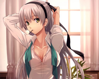 Woman long hair white shirt 55 - a green scarf free wallpaper