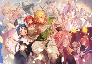 Anime characters group arms around 13 - a sword in the air free wallpaper
