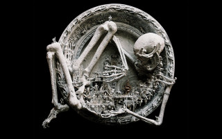 Skeleton in plate black background - beksinski free wallpaper