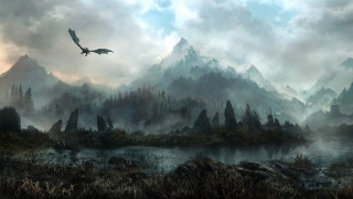 Dragon mountain lake forest castle - a painting of a dragon free wallpaper