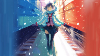 Woman walking train track snow - the track free wallpaper